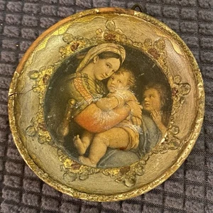 Antike italienische Miniatur "Madonna vom Stuhl" Holz GB Florenz Italy - Bild 1 von 3