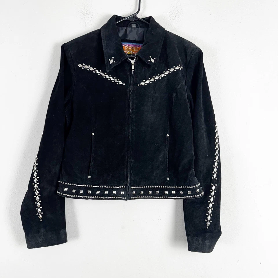 Chaqueta de cuero con tachuelas Cripple Creek para mujer talla M negra Foto 1 de 4