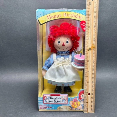 BRASS KEY 2004 RAGGEDY ANN PORCELAIN DOLL Happy Birthday NIB Vintage 8" - Image 1 of 4