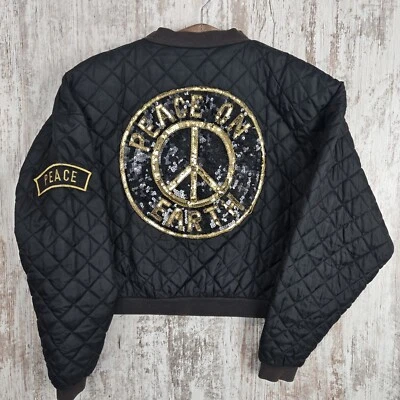 Vtg Folette Size L Peace Sign Peace On Earth Sequenced Cropped Quilted Jacket  - Image 1 of 4