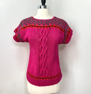 Vintage 80s Liz Claiborne Hot Pink Cable Knit Sweater Med Short Sleeves Colorful - Picture 1 of 10