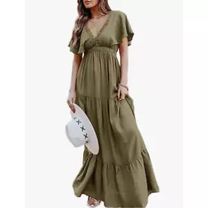 Amegoya Womens Short Sleeve V Neck Floral Maxi Dresses Boho Ruffle Long Dress, M - Picture 1 of 2