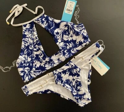 Beach Bunny M,L BIKINI OJO DE CERRADURA halter triple correa escaso blanco AZUL floral Foto 1 de 4