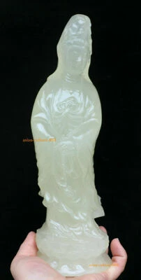 Estatua de Buda Diosa Guan Yin Kwan-yin Tallada a Mano Jade Blanco Natural China 9" Foto 1 de 4