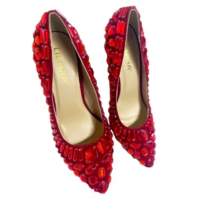 Tacones Liliana Rojo Rubí Joyas | Imitación Gamuza Punta Stiletto Dorothy Navidad Foto 1 de 4