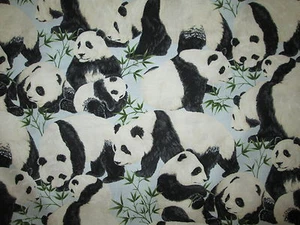 PANDA BEAR FAMILIES BABY PANDAS LEAVES BLUE COTTON FABRIC FQ  - Picture 1 of 6