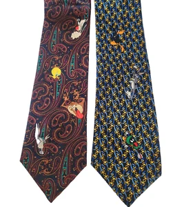 Lof 2 Looney Tunes Character Ties Paisley Brown Navy Blue Gold Black Pattern - Picture 1 of 3