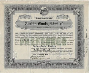 CANADA Corbin Coals, Ltd Stock Certificate 1924 British Columbia Beaver Vignette - Picture 1 of 2