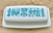 Vintage Pyrex Amish Butterprint Butter Dish Turquoise Blue on White USA Made