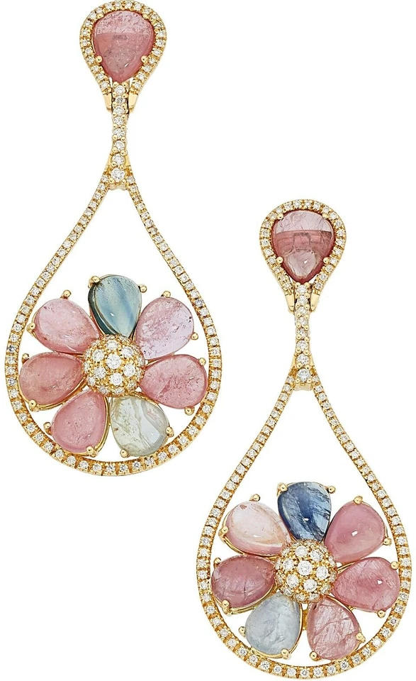 18k Oro Orecchini Con / 3ct Full-Cut Diamante E Gemma Cabochon Fiori - Immagine 1 di 1