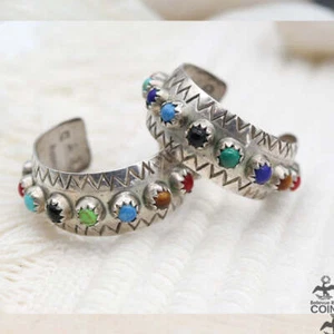 Native Etched Sterling Silver & Multi-Color Stone Inset Large Hoop Earrings - Picture 1 of 6