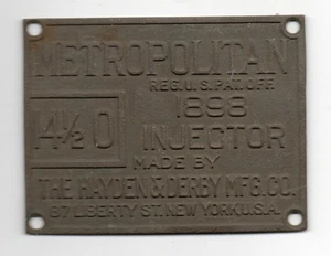 Inyector de ferrocarril Metropolitan 1898 escaso placa 14,5 hecha por Hayden & Derby NY - Imagen 1 de 2