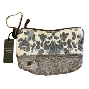 NWT Myra Bag Gray Cream Spotted Canvas Leather Hairon Wristlet Purse - Picture 1 of 9