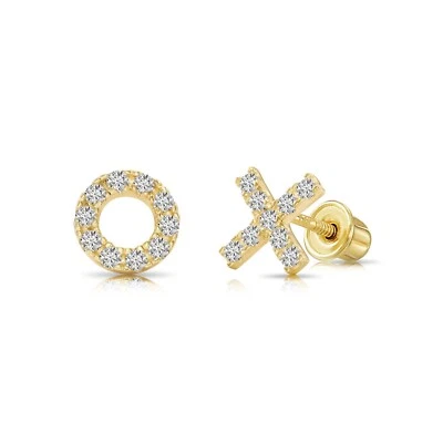 14K Real Solid Yellow Gold Dainty Pave XO CZ Sleeper Stud Earrings Screw-back - Image 1 of 4