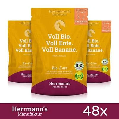 36 x Herrmanns Katzenfutter Bio Ente Kartoffeln Bananenchips Tiernahrung 100Gr - Bild 1 von 2