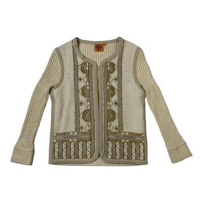 Cardigã suéter feminino Tory Burch tamanho S creme metálico bordado com nervuras - Imagem 1 de 4