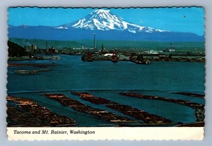 Postcard Vtg Washington Tacoma And Mt Rainier Mountain Log Rafts 4x6 - Picture 1 of 2