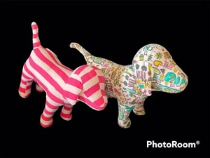 Victoria Secret Pink Plush Dogs x2 Stuffed Animal Pink/White Striped + Graffiti - Picture 1 of 12