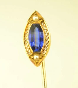 ANTIKE FILIGRANE STECKNADEL 14K GELBGOLD MIT SIMULIERTEM SAPHIR & 2 SAATPERLEN - Bild 1 von 6