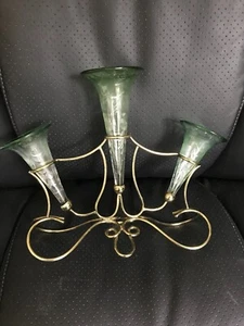 Small Antique Brass & Etched Glass 3 Horn Epergne Set - BEx frp - Picture 1 of 4