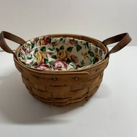 Longaberger Basket 1990 Round With Leather Loop Handles Floral Liner 3.5" High Cover