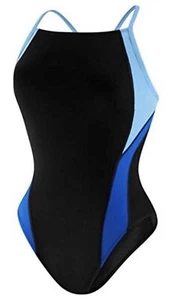 SPEEDO Launch Splice Cross Back Black Blue Swim Suit Girls Youth Sz 6 22 8 24 - Picture 1 of 7