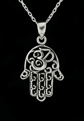 925 Sterling Silver Hamsa Hand Of Fatima Pendant Necklace Evil Eye Spiritual - Image 1 of 4