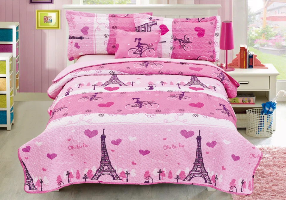 Pink Paris 4 Pcs Twin / Full Size Kids Boys Girls Quilt/ Shams/ Cushion Set -NEW - Image 1 of 1