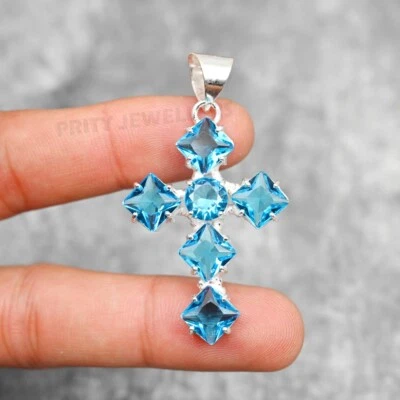 Blue Topaz Cross Pendant 925 Sterling Silver Handmade Gemstone Jewelry - Image 1 of 4
