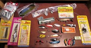 VINTAGE LOT OF FISHING LURES, SPINNERS, SPOONS,LUHR JENSEN, RAPALA & MORE 