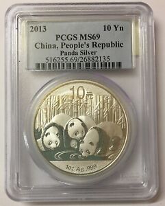 2013 China Panda Silver 1 Oz 10 Yn PCGS MS69 China Peoples Republic Blue Label