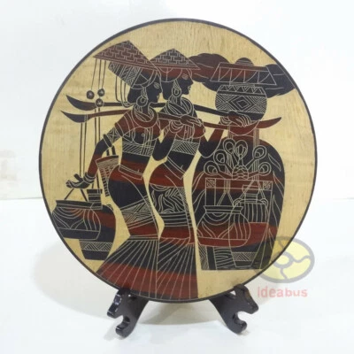 Hand Line Carved Painted ⌀12“Wood Plate wall tabletop decor: Carry Water Girl - Image 1 of 4