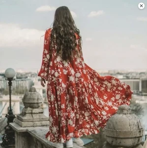 Johanna Ortiz X H&M Red Wild Roses Voluminous Silky Dress Kaftan Sz Sm 54" Long - Picture 1 of 21