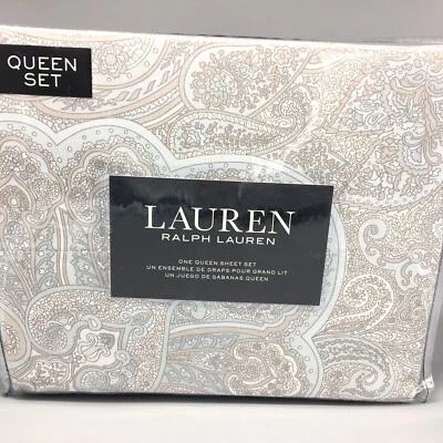 LAUREN RALPH LAUREN 4pc Ralph Lauren Paisley QUEEN Sheet Set Taupe Gray Blue Cotton XDeep Mattress