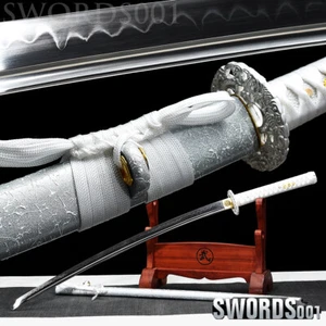 Japanese Warrior Sword Samurai Katana T10 Steel Clay Tempered Silvery Dragon - Picture 1 of 12