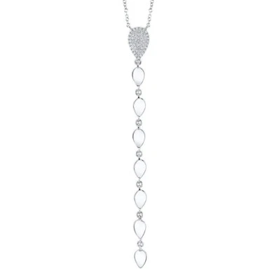 Diamond Lariat Pear Y Necklace Teardrop 14K White Gold Pave 0.11CT Round Natural - Image 1 of 4