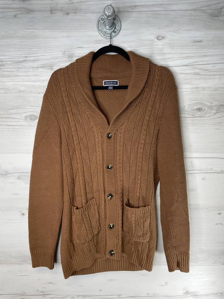 Suéter Club Room Para Hombres Pequeño Marrón Mantón Cuello Cable Tejido Cárdigan Algodón Foto 1 de 4