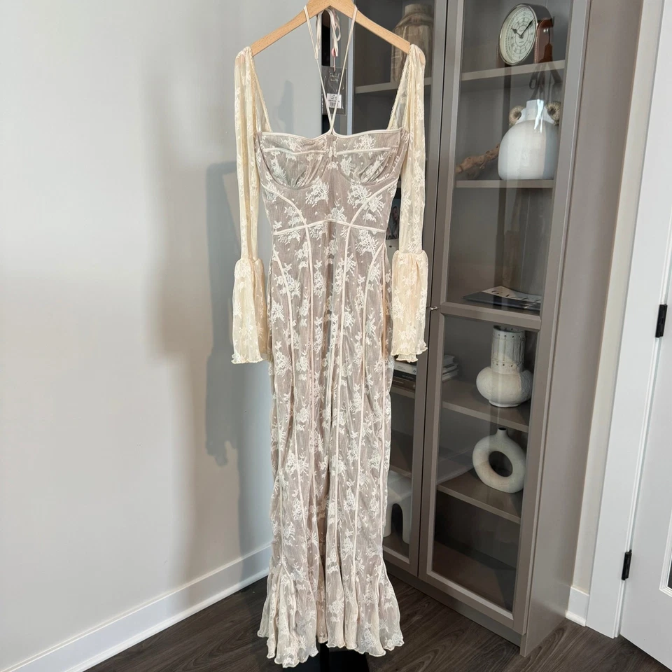 House of CB Delilah Vintage Cream Dotted Lace Romantic Maxi Dress L Long Sleeve - Image 1 of 4