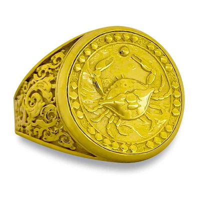 Real 24K Yellow Gold Cancer Ring, Zodiac Sign Mens Gold Coin Ring Astrology - Image 1 of 4
