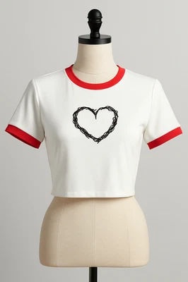 Women’s SHEIN White Crop Top Tee Red Trim Twig Heart Graphic Size Large NWOT - Image 1 of 4