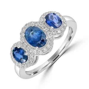 Anillo de diamantes con triple zafiro azul de oro blanco de 18 quilates ovala... - Imagen 1 de 6