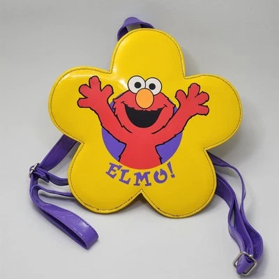 Mini mochila de vinil infantil vintage rua gergelim elmo flor amarela alças roxas - Imagem 1 de 4