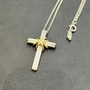 Tiffany & Co. Signature Cross Pendant Necklace Silver 925 750 18K Gold Authentic - Picture 1 of 7
