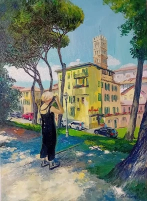 Ölgemälde Lucca Italien Stadtbild 40 x 30 cm handgemalt OOAK Ekaterina Gritchina - Bild 1 von 4