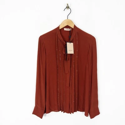 Twinset Milano Rust Studded Blouse Size 10 IT 42 Pintuck Pleated with Silk - Image 1 of 4