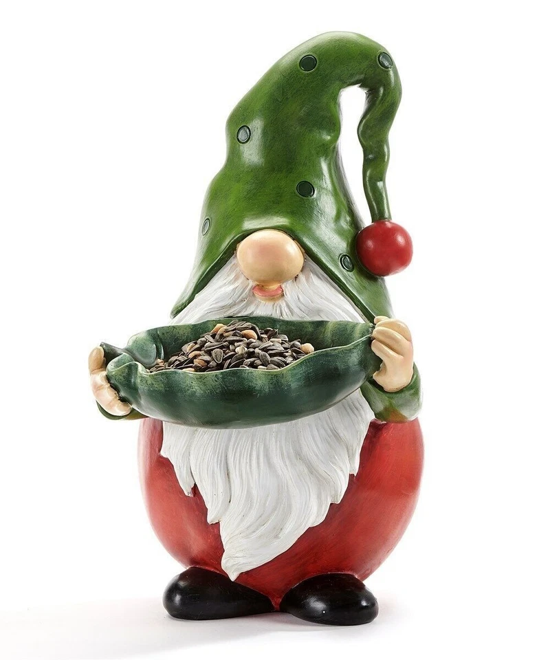 Gnome Bird Feeder Statue with Leaf Shaped Bowl Red Green Resin Garden 36 cm high - Изображение 1 из 2