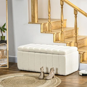 Sitzbank mit Stauraum, Polsterbank mit Teddy-Vlies-Optik, Holzbeine, Cremeweiß - Bild 1 von 10