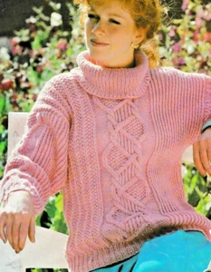 629 LADY'S & GIRLS CHUNKY CABLE SWEATER 28 TO 38" VINTAGE KNITTING PATTERN COPY - Picture 1 of 2
