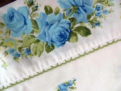 Vintage SPRINGMAID Marvelaire XL Full Sheet Blue Roses / Green Embroidered Lace - Image 1 of 4