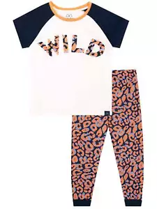 Leopard Print Kids Girls 6 7 8 9 10 11 12 13 Years PJs T-Shirt Bottoms White Set - Picture 1 of 8